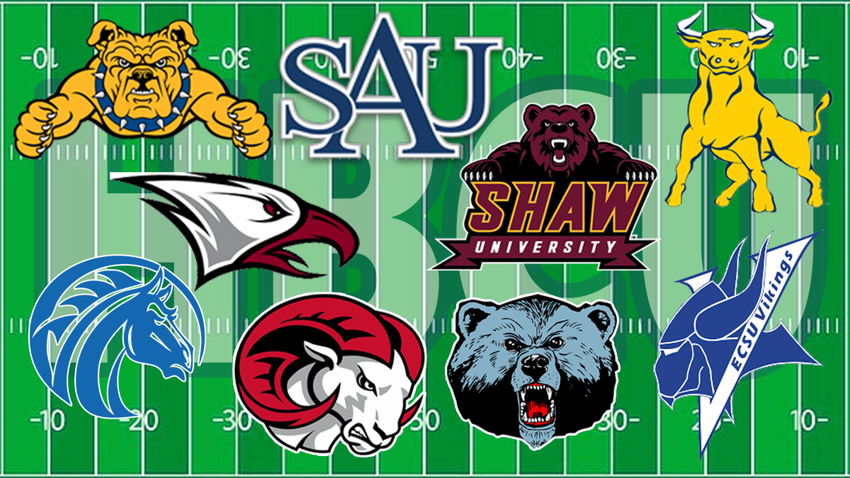 HBCU football schools from North Carolina: Shaw, St. Augustine's, Winston-Salem State, Fayetteville State, Elizabeth City State, NC Central, Johnson C. Smith, NC A&T and Livingstone.