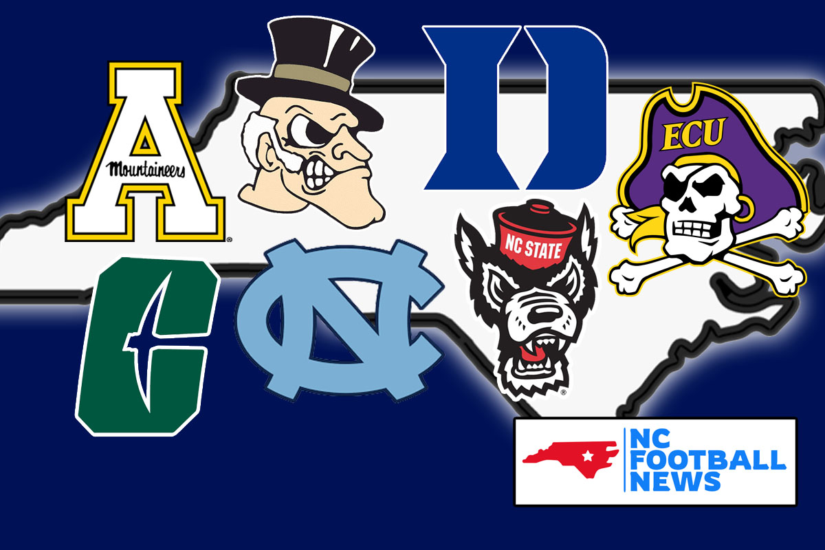 North Carolina as seven college teams that compete at the FBS level: Appalachian State, Charlotte, Duke, East Carolina, NC State, North Carolina and Wake Forest.
