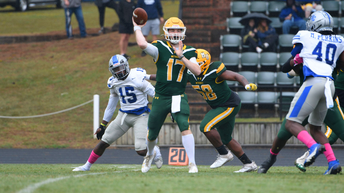 Methodist senior Brandon Bullins has crossed the 10,000-yard plateau in career passing, the first in the USA South Conference to achieve that feat. Photo by Dave Hilbert of D3photography | Courtesy Methodist athletics