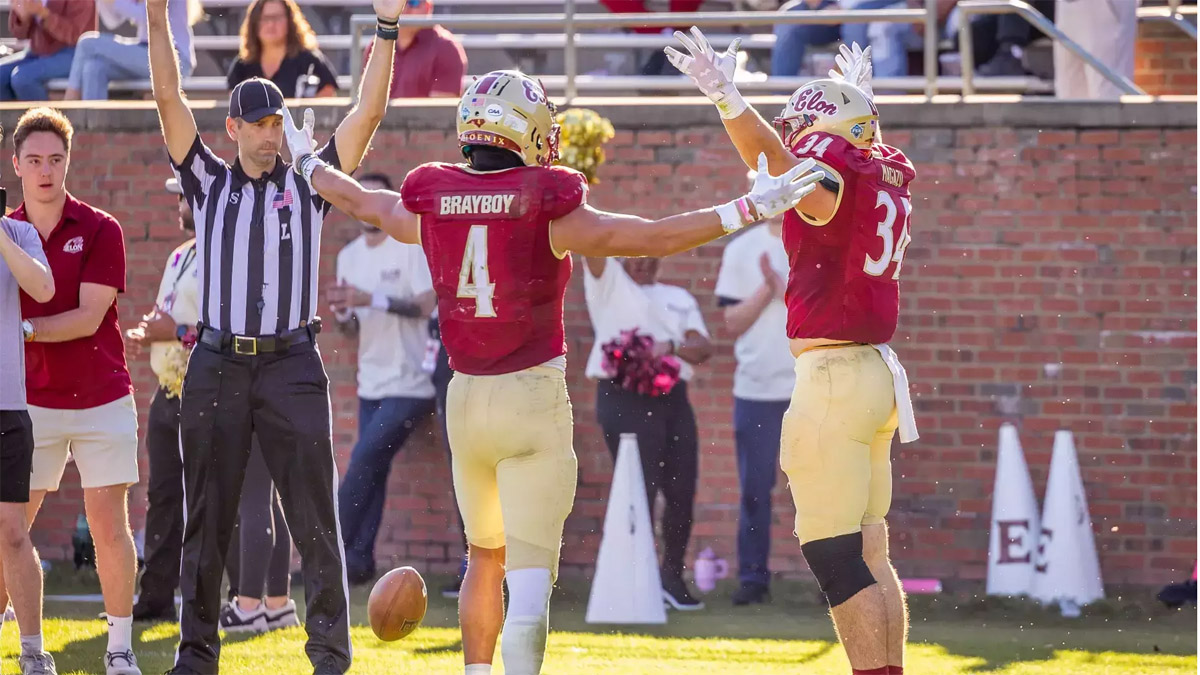 Elon's Chandler Brayboy scores a touchdown in a CAA game during the 2024 season.