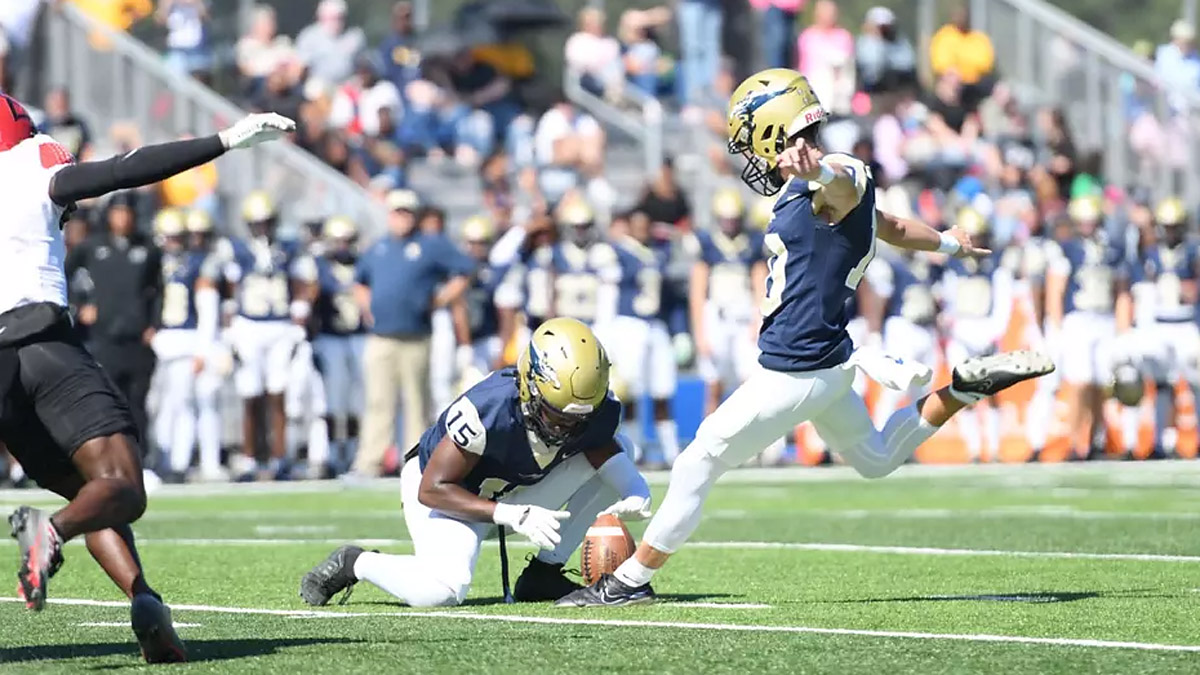 North Carolina Wesleyan kicker Braxtyn Green hit three goals against Brevard in North Carolina D3 football action.