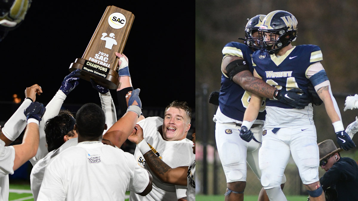 Wingate Bulldogs football team celebrates South Atlantic Conference championship at Irwin Belk Stadium.