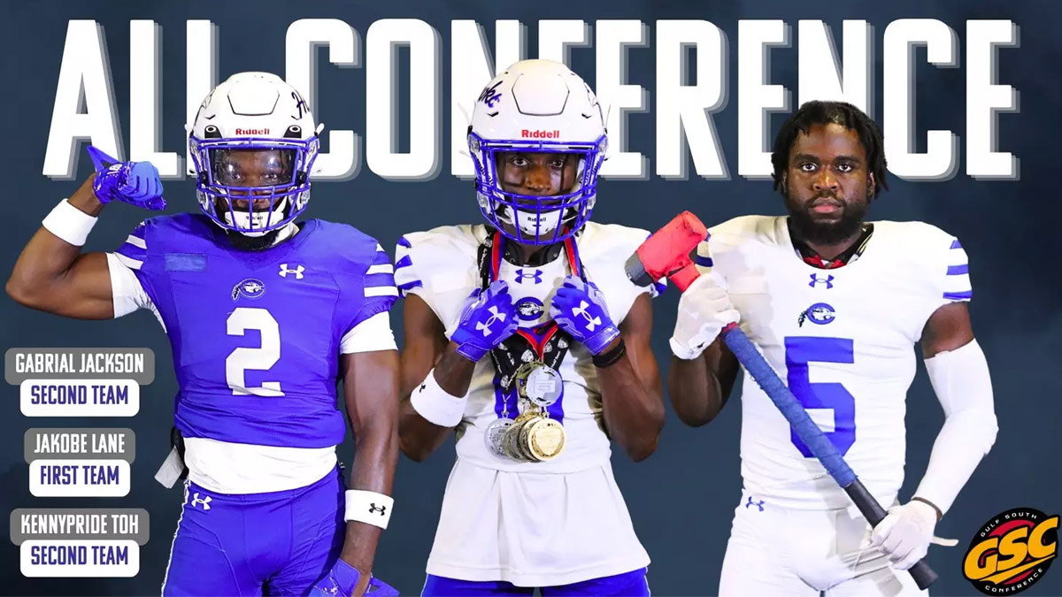 Chowan football players Jakobe Lane, Gabrial Jackson, and Kennypride Toh posing in uniform after earning 2024 All-GSC honors for their standout performances in the Gulf South Conference