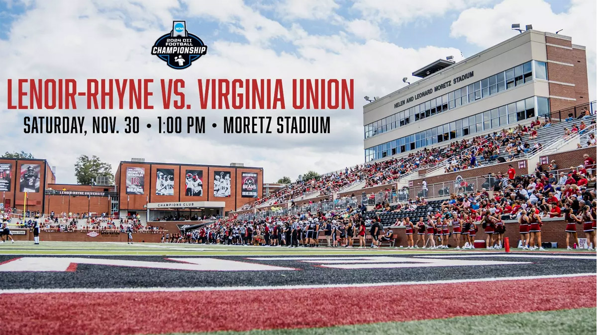 Image depicting Lenoir-Rhyne's Moretz Stadium and promoting the upcoming D2 football playoff game against Virginia Union on Nov. 30, 2024