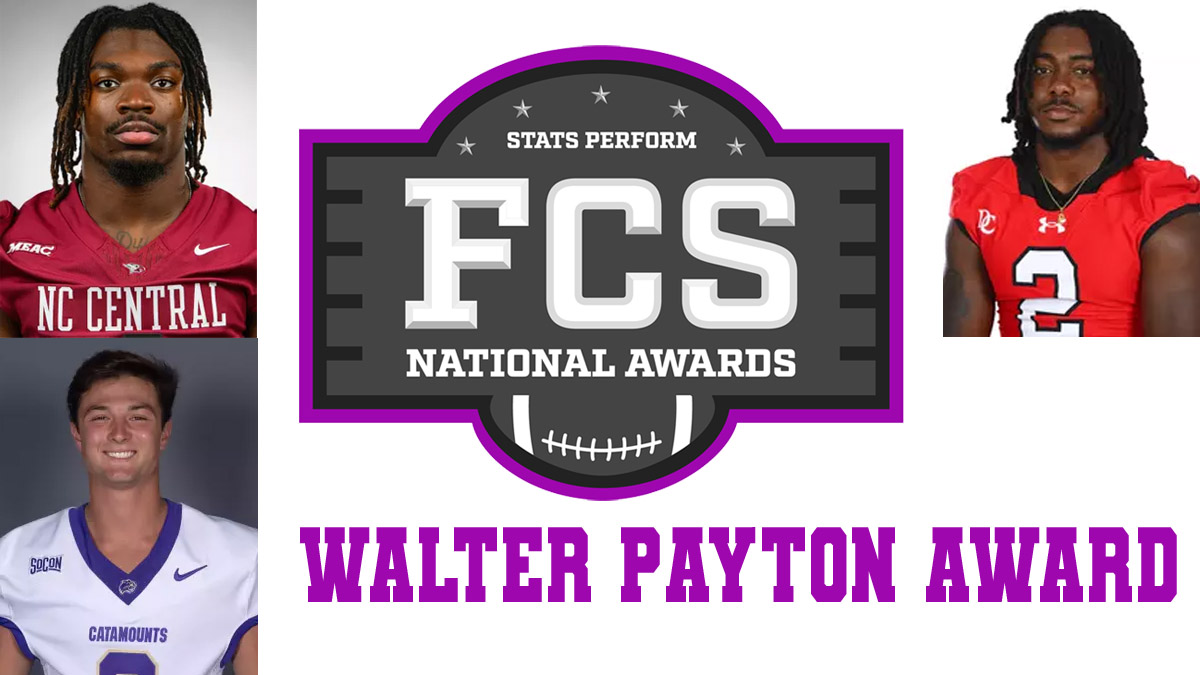 An image depicting North Carolina's three Walter Payton Award finalists: NC Central's J'Mari Taylor, Davidson's Mari Adams and WCU's Cole Gonzales.