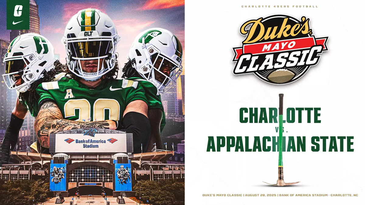 A graphic depicting the upcoming 2025 Dukes Mayo Classic football game between Charlotte and Appalachian State in August 2025