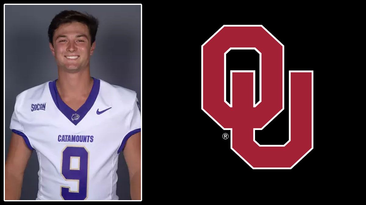 Former Western Carolina football quarterback Cole Gonzales pictured with the logo of his new school, Oklahoma