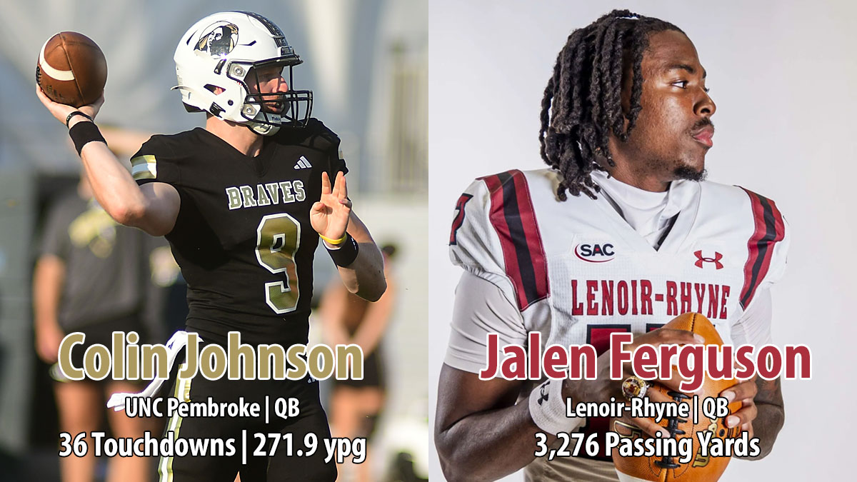 UNC Pembroke quarterback Colin Johnson and Lenoir-Rhyne quarterback Jalen Ferguson won North Carolina college football D2 Stat Champion awards for 2024.