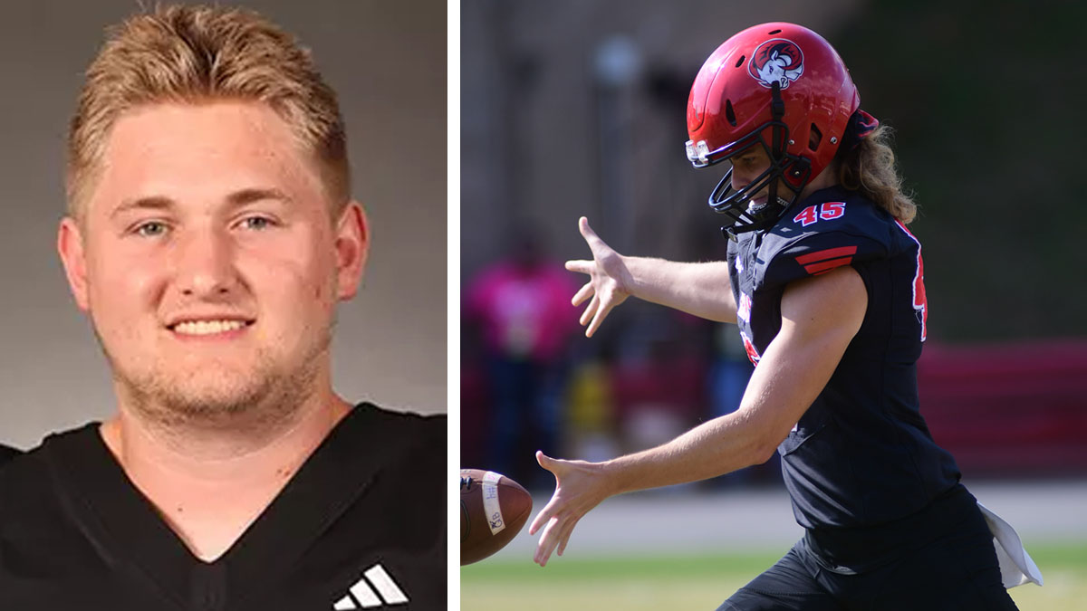 A head shot of UNC Pembroke punter Seth Bowen and an action photo of Winston-Salem State punter Devin Versteegen during the 2024 season.