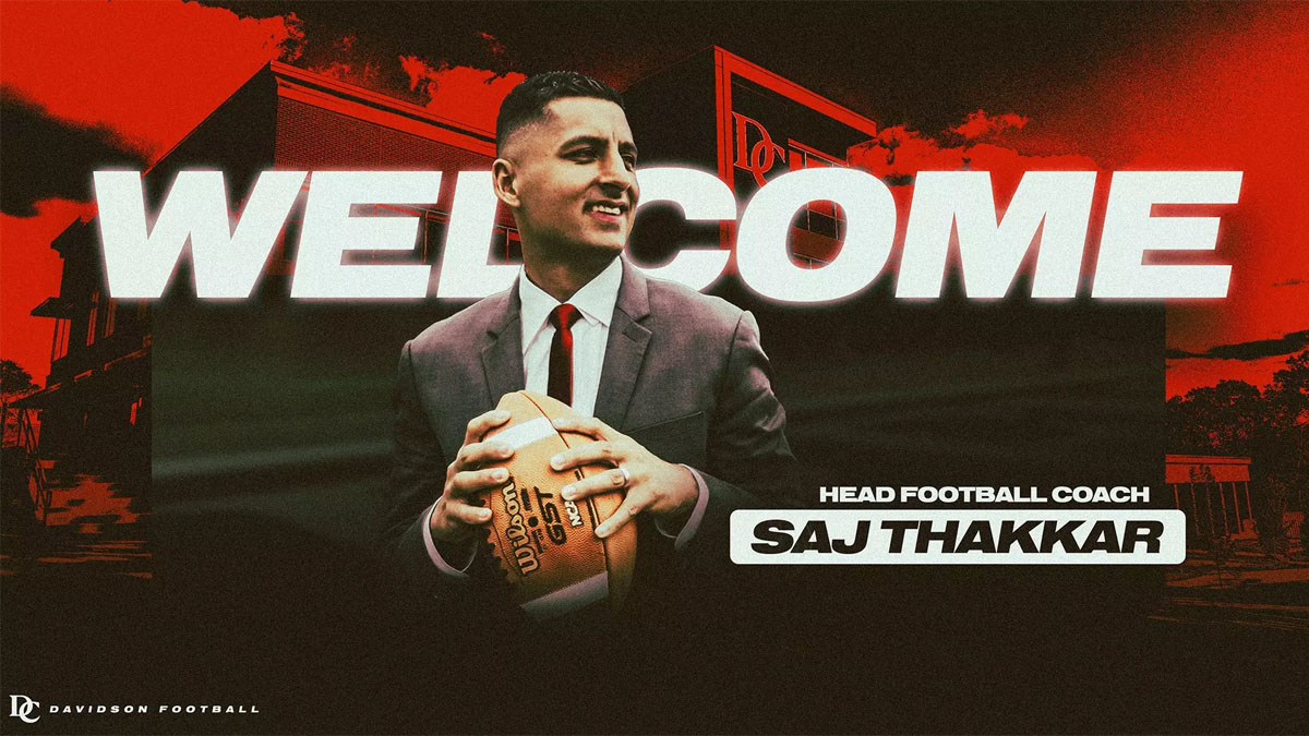 A graphic depicting new Davidson football coach Saj Thakkar.