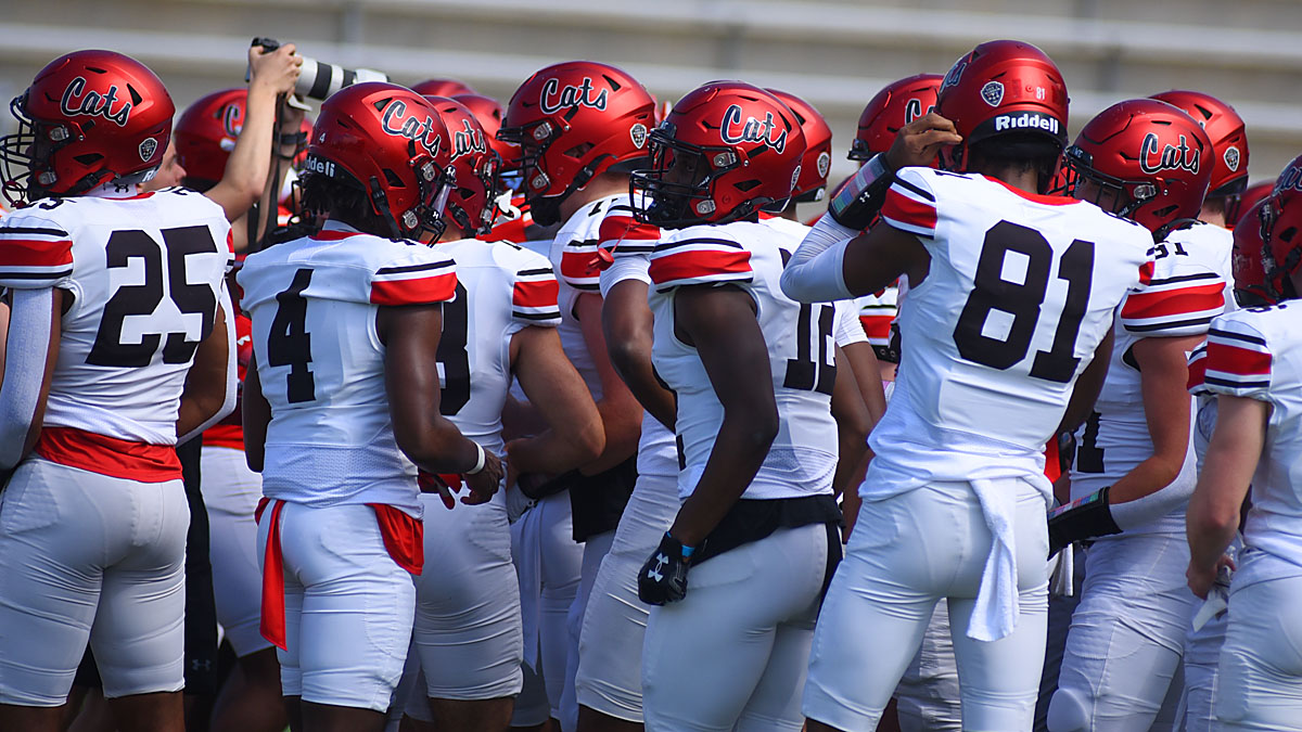 Davidson football players huddle during 2024 spring game.