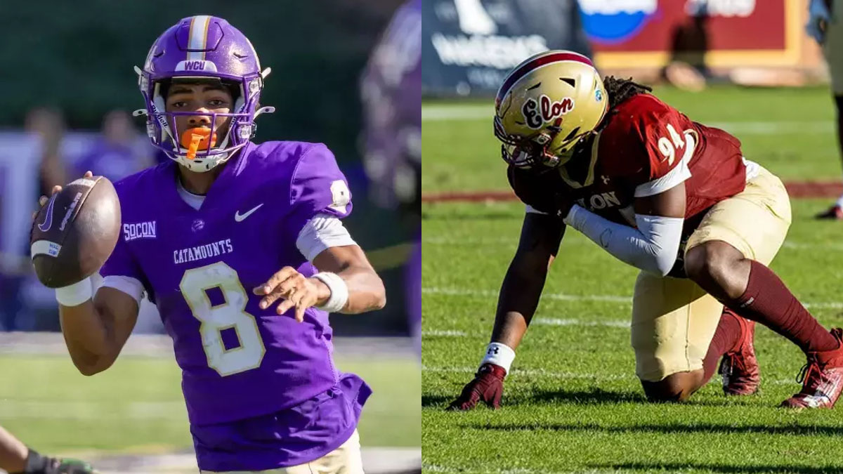 Western Carolina quarterback Taron Dickens and Elon defensive lineman Kahmari Brown in action during the season.