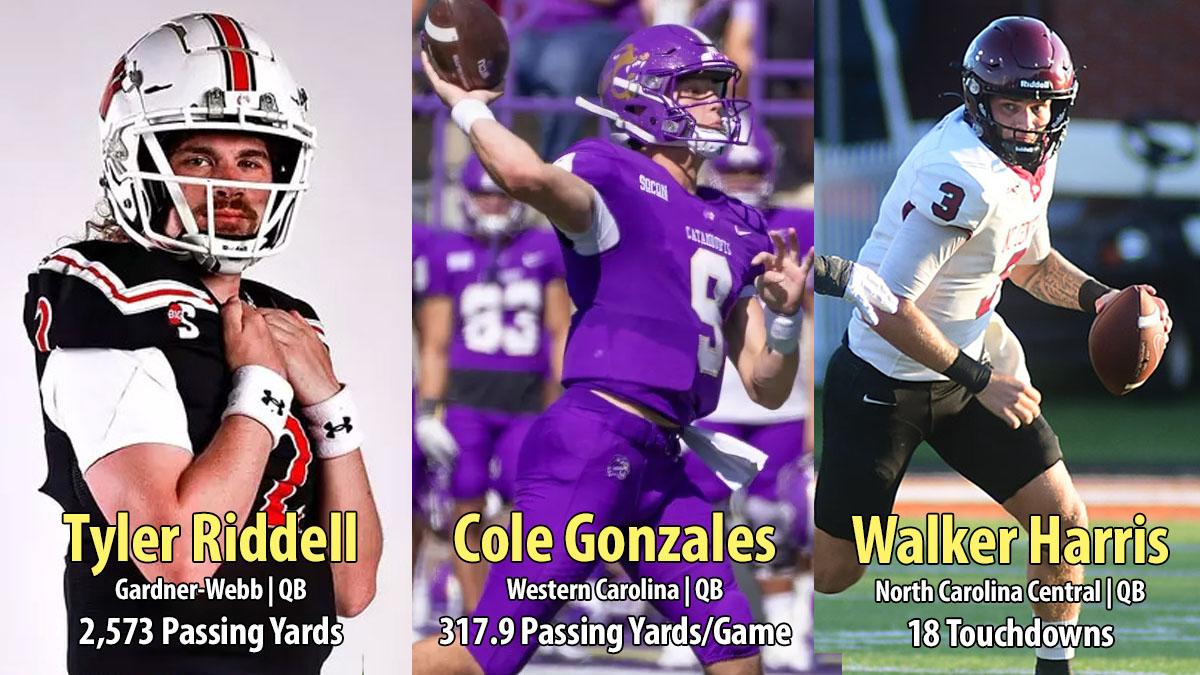 North Carolina FCS stat champions for passing in 2024: Tyler Riddell (Gardner-Webb), Cole Gonzales (Western Carolina), Walker Harris (North Carolina Central).