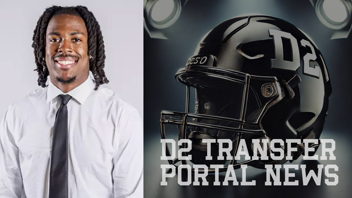 Jalen Ferguson, Lenoir-Rhyne quarterback, alongside a graphic of a black football helmet with 'D2' written on the side, symbolizing Division II football and the transfer portal