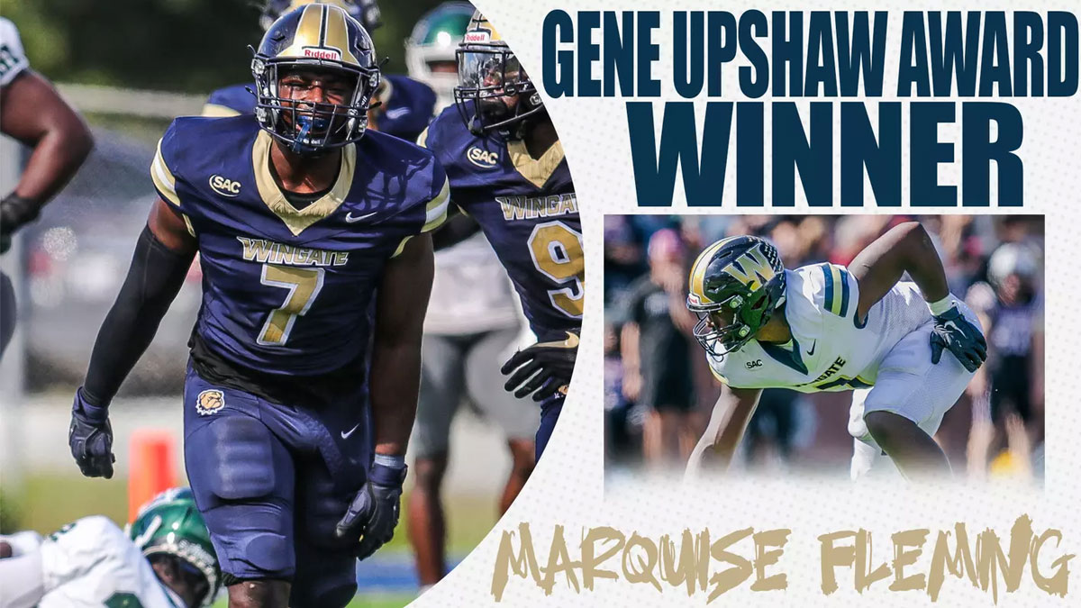 Wingate football graphic commemorating Marquise Fleming as the Gene Upshaw Award winner.