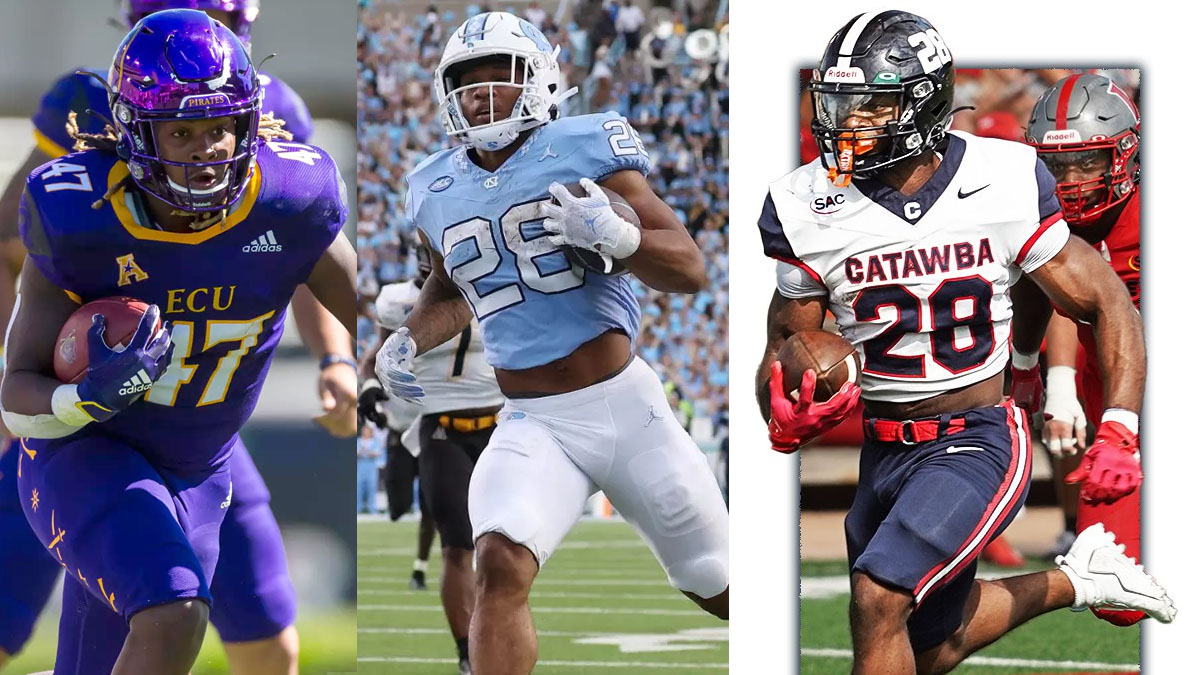 A photo collage featuring East Carolina's Rahjai Harris, UNC's Omarion Hampton and Catawba's LJ Turner.