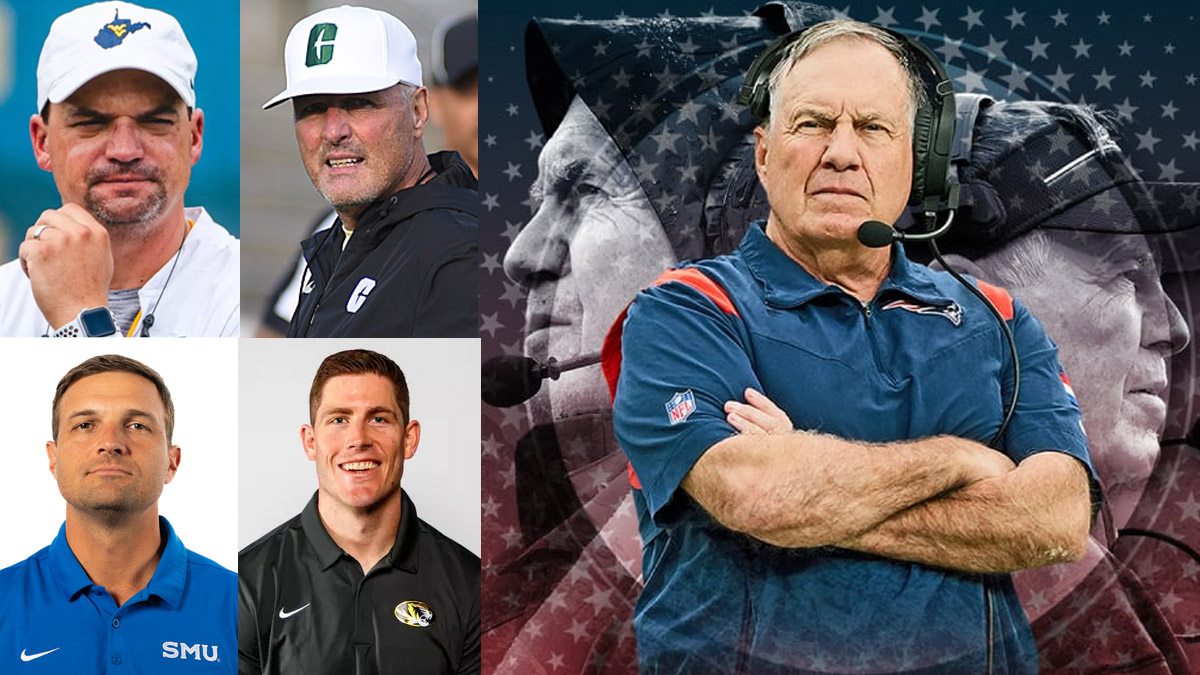 A graphic depicting candidates for North Carolina college football coaching jobs: Bill Belichick, Tim Brewster, Neal Brown, Casey Woods, Kirby Moore.