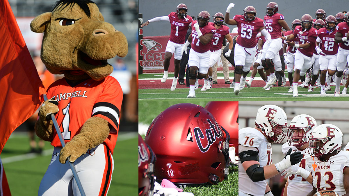 A photo collage featuring Campbell, North Carolina Central, Davidson and Elon football programs.