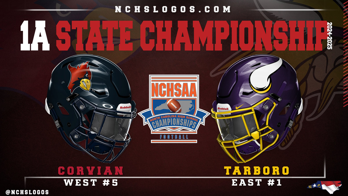 A graphic from NC High School Logos featuring the Tarboro Vikings and Corvian Community School Cardinals, who will meet for the NCHSAA 1A state championship.