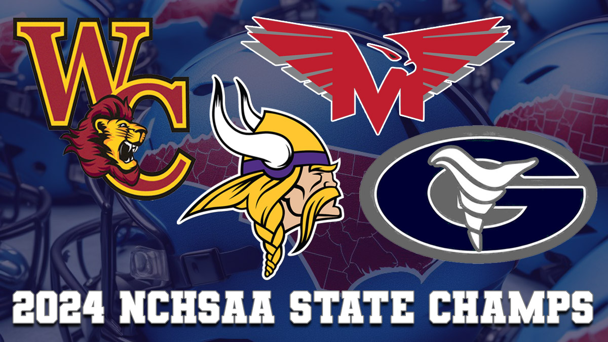 A graphic depicting the 2024 NCHSAA state champions in football: Tarboro, Monroe, West Charlotte and Grimsley.