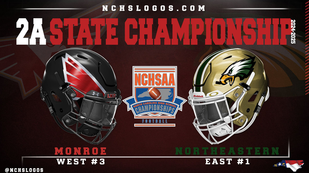 A graphic from NC High School Logos featuring the Monroe Redhawks and Northeastern Eagles, who will meet for the NCHSAA 2A state championship in football.