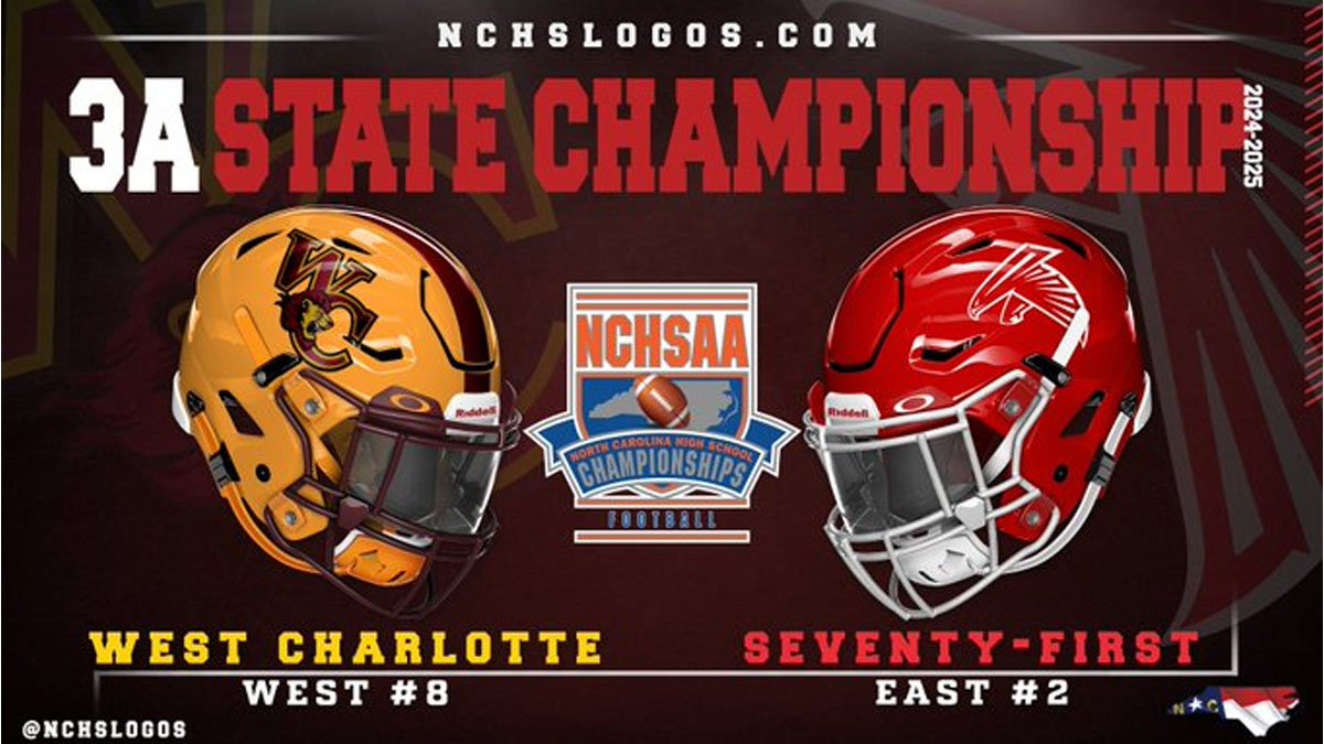 A graphic from NC High School Logos depicting the NCHSAA 3A state championship football game between West Charlotte and Seventy-First.