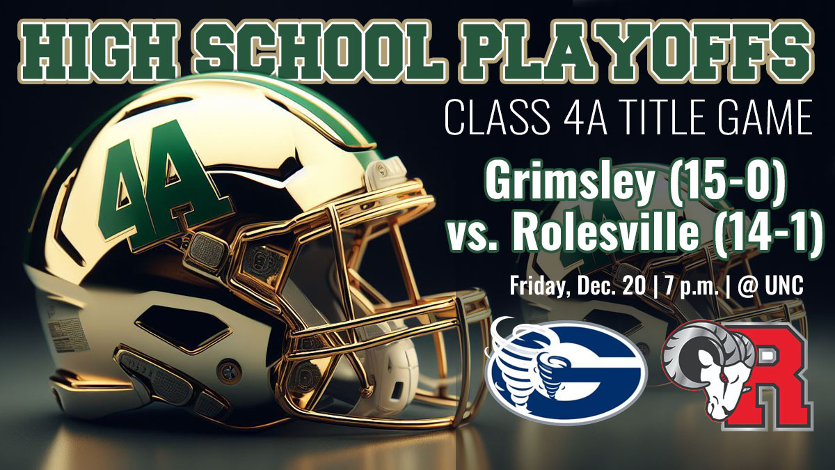 A graphic previewing the 2024 NCHSAA 4A state football championship game between Grimsley and Rolesville high schools