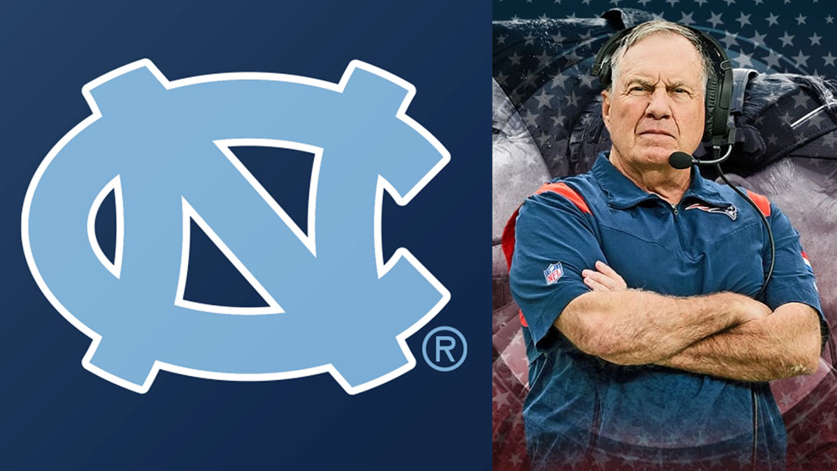 Bill Belichick pictured with the University of North Carolina logo after being announced as the new Tar Heels head football coach