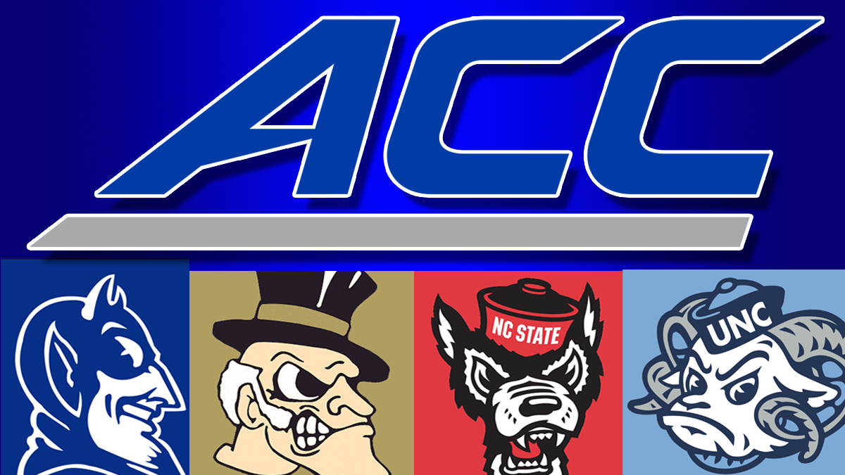 A bold ACC logo with smaller logos for Duke, Wake Forest, NC State and North Carolina underneath on a blue background