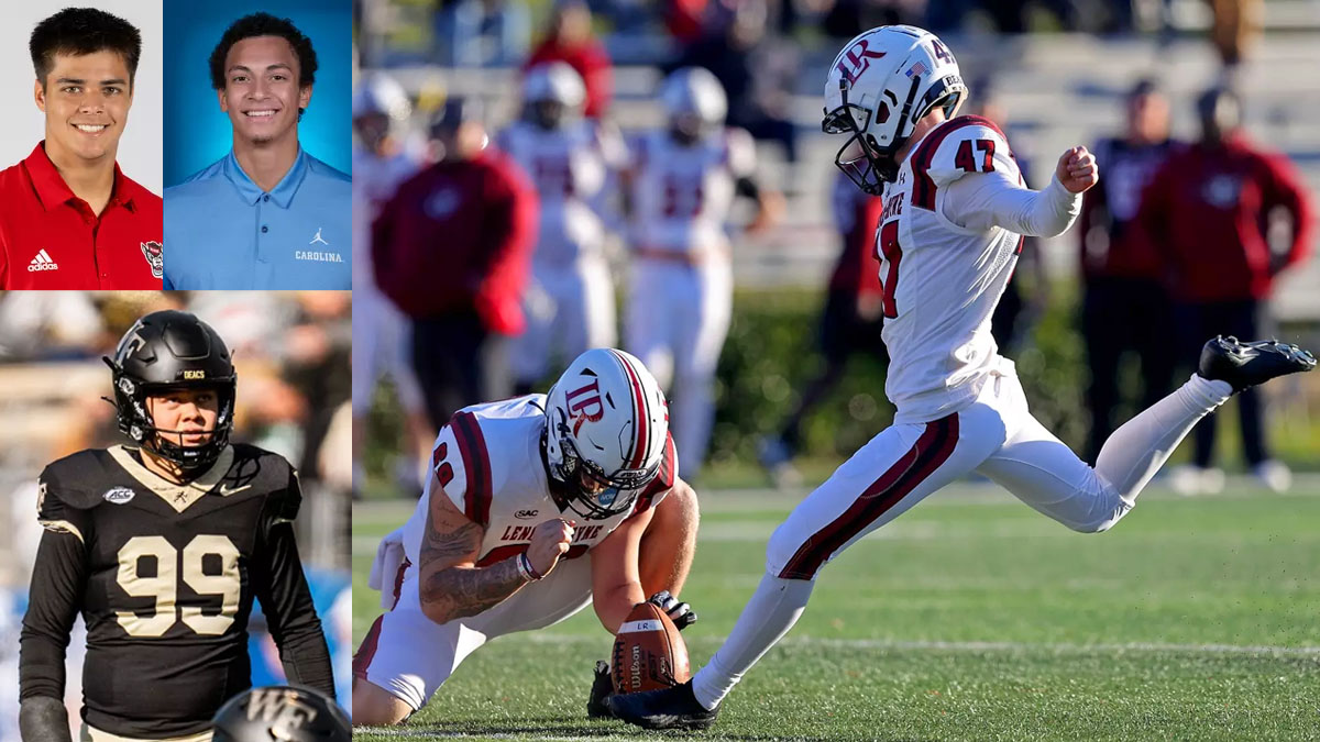 A collage of images of four of North Carolina's top college kickers in 2024: Lenoir-Rhyne's Jake Brown, NC State's Kanoah Vinesett, Wake Forest's Matthew Dennis and UNC's Noah Burnette.