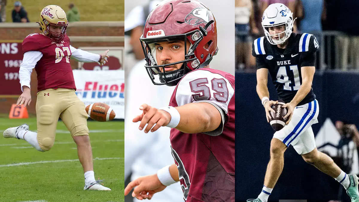 A collage of photos of the top punters in North Carolina college football in 2024: Jeff Yurk (Elon), Juan Velarde (NCCU), Kade Reynoldson (Duke).