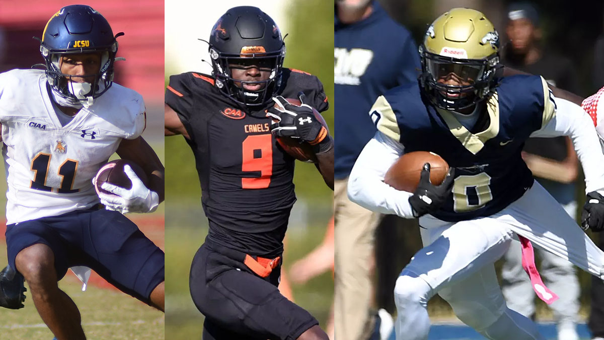 A collage of three images featuring NC college football receivers Brevin Caldwell, Sincere Brown and Christian Drumgoole.