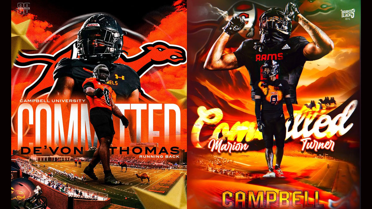 Side-by-side commitment graphics from Campbell football commits Marion Turner and De’Von Thomas, who are seniors at Rolesville High.