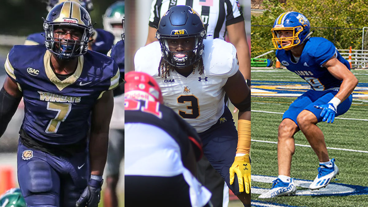 A collage of images featuring top North Carolina D2 football players Marquise Fleming (Wingate), Benari Black (Johnson C. Smith) and Tristian Rankin (Mars Hill).