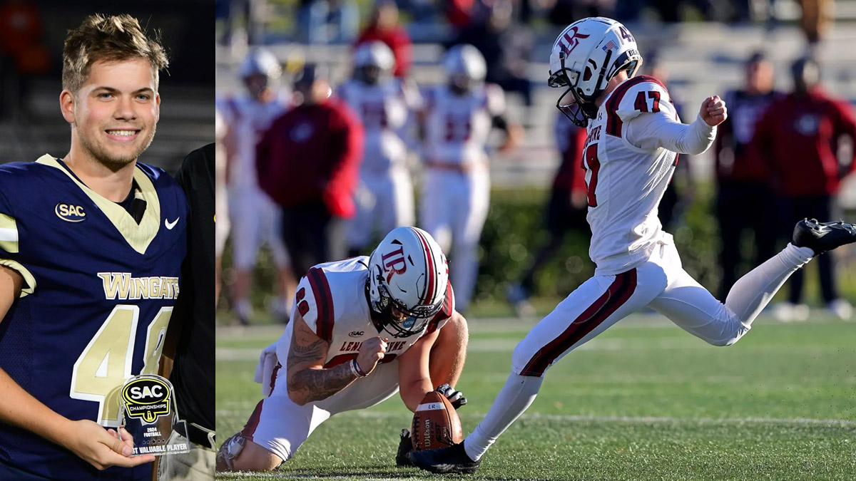 Images of Wingate kicker Caleb Bonesteel and Lenoir-Rhyne kicker