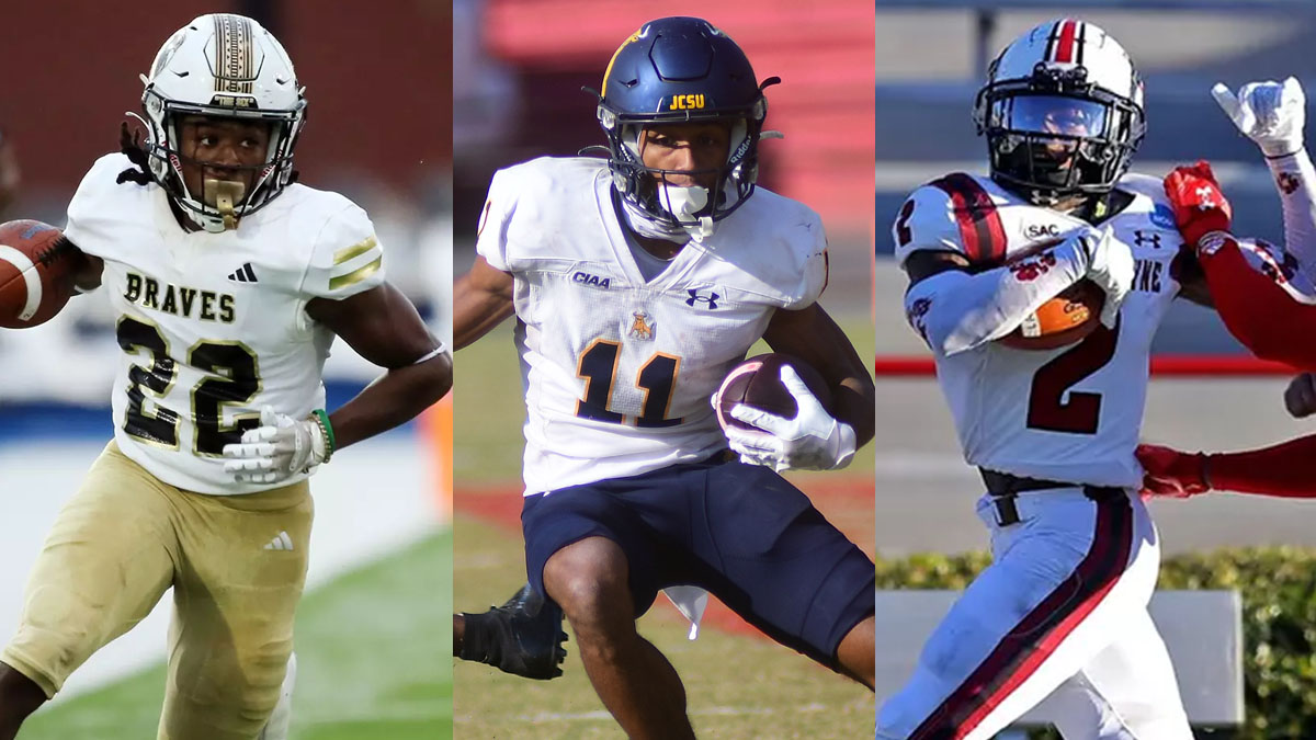 A collage of photos featuring D2 football players: UNC Pembroke’s Josiah Hayes, Johnson C. Smith’s Brevin Caldwell and Lenoir-Rhyne’s Adonis McDaniel.