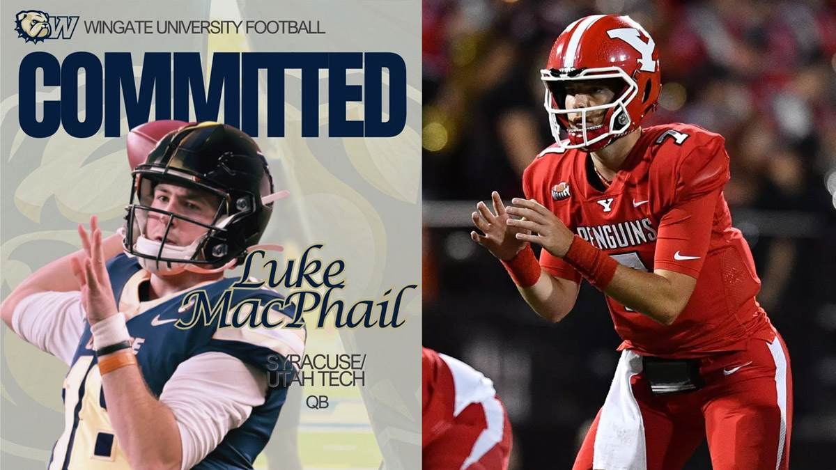 A split image featuring transfer quarterbacks Luke MacPhail (Wingate) and Max Blanc (Lenoir-Rhyne).