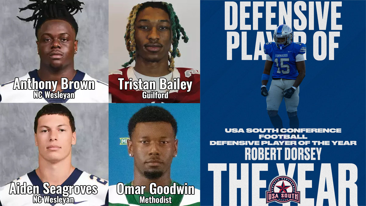 A collage of images featuring the top Division III defensive stat performers in North Carolina college football for 2024