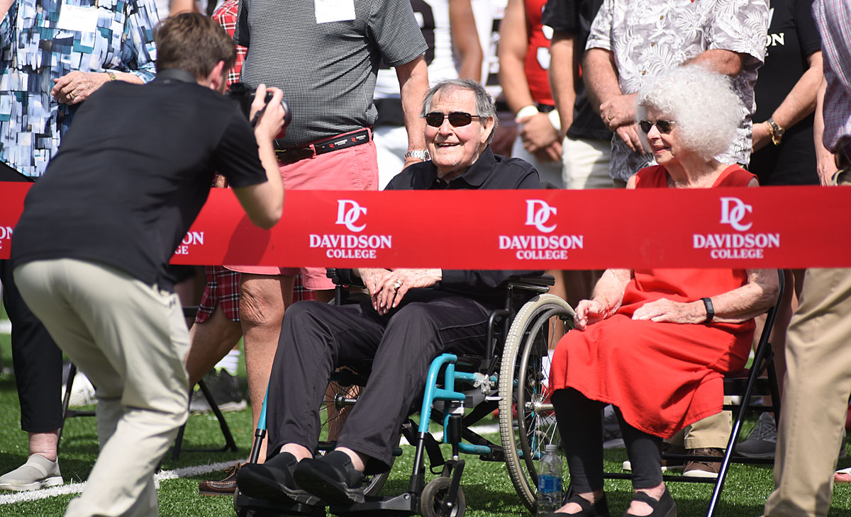 Former Davidson coach and player David Fagg is honored during the dedication of the school's new football stadium.