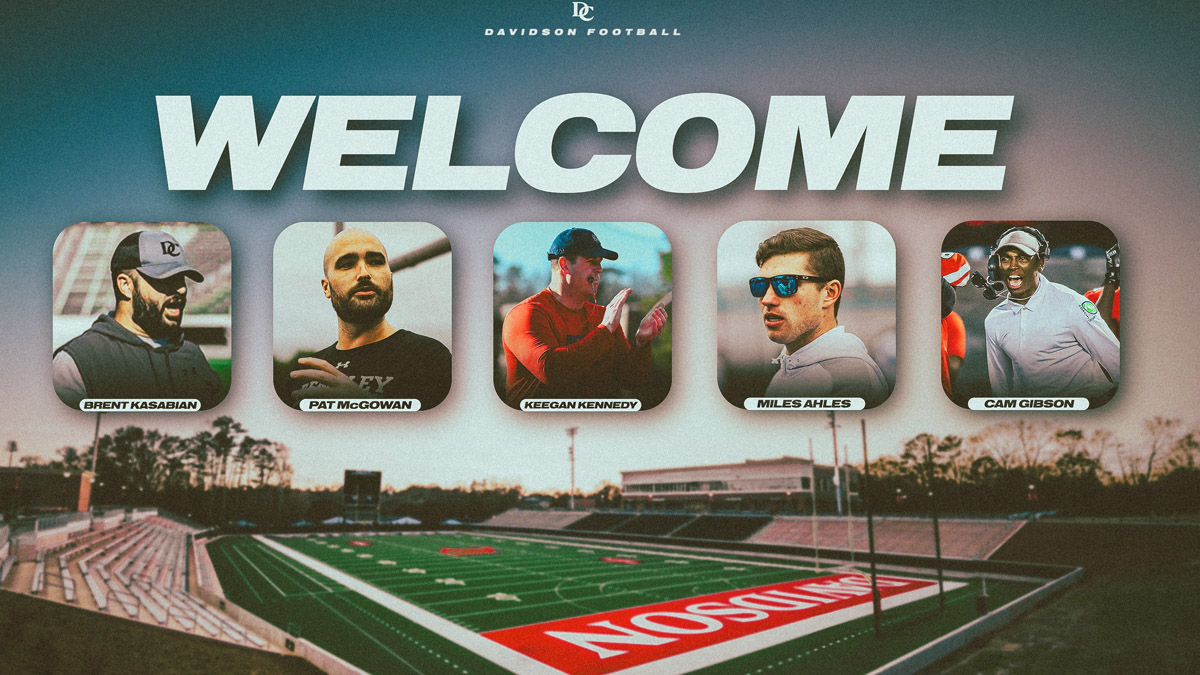 A graphic with photos from Davidson College introducing five new football assistant coaches