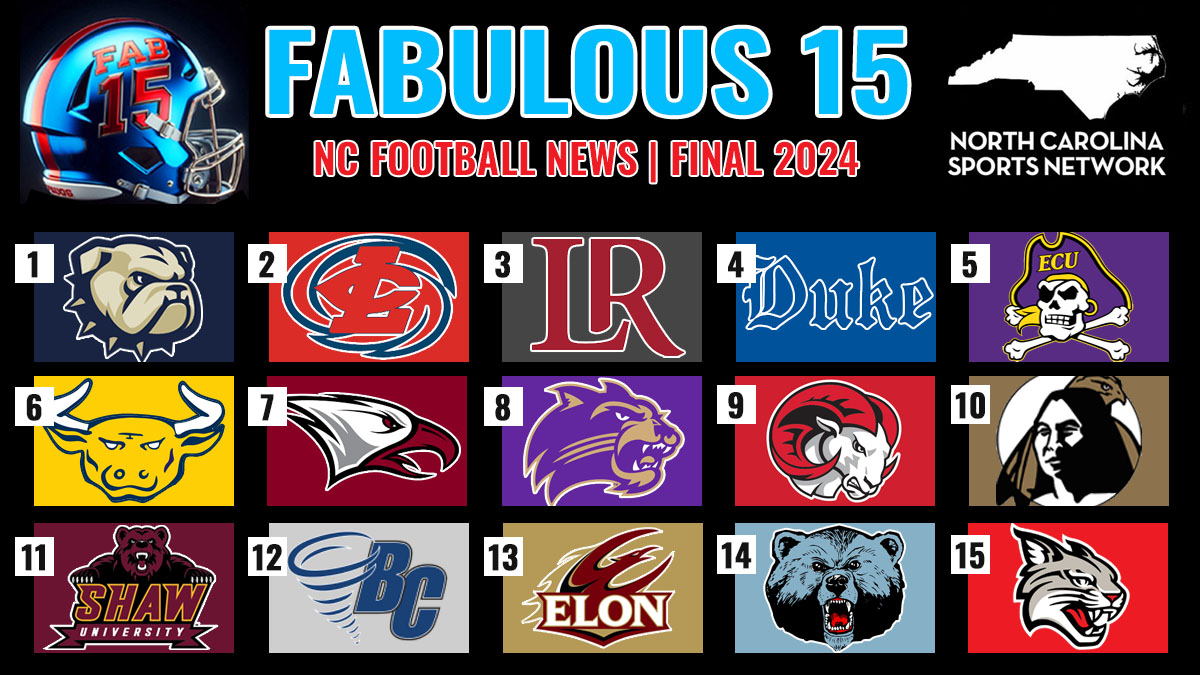 Fabulous 15 graphic featuring logos of all 15 North Carolina college football teams.