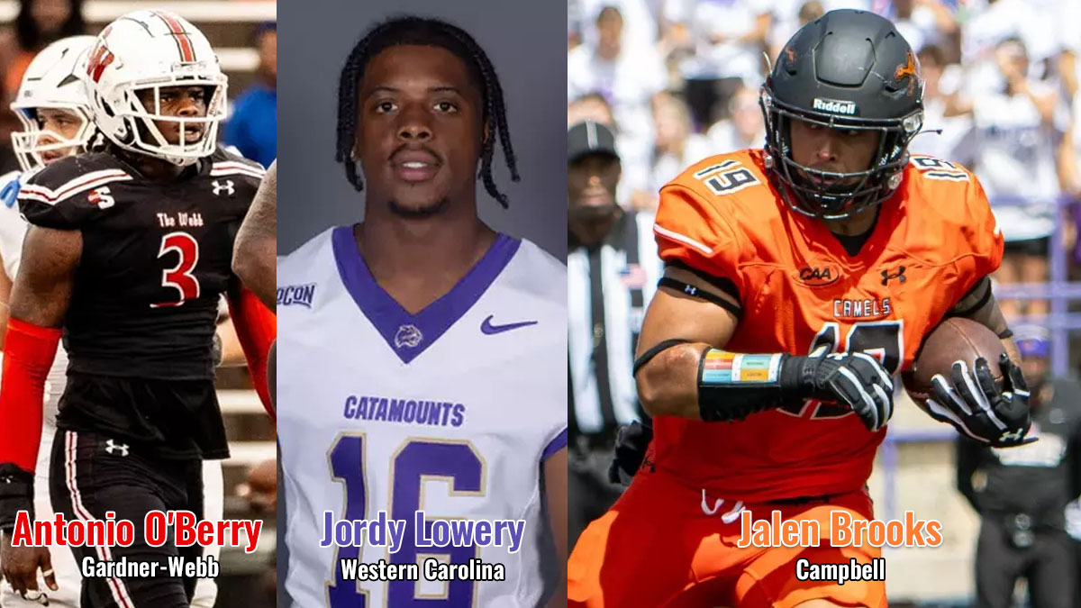 An image of three top FCS defensive players from North Carolina: Gardner-Webb's Antonio O'Berry, Western Carolina's Jordy Lowery and Campbell's Jalen Brooks.