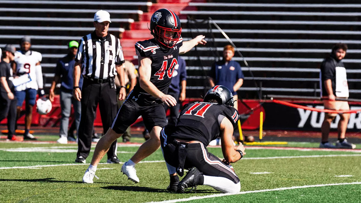 Gardner-Webb kicker Jay Billingsley following through on a kick in a 2024 game