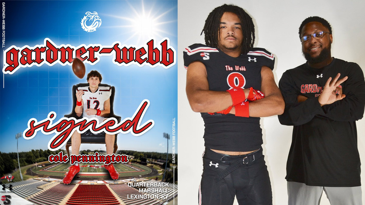 A photo collage featuring Gardner-Webb football transfer Cole Pennington and transfer Jalen Harris.