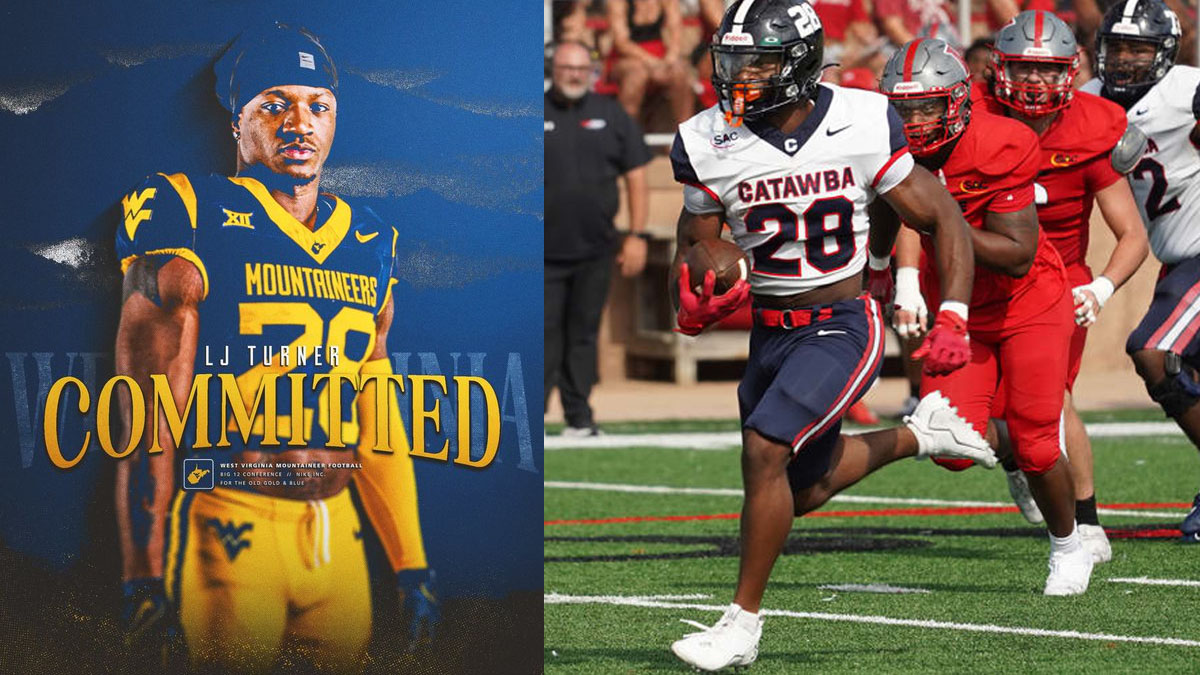 A pair of photographs of running back LJ Turner, one showing his commitment to West Virginia football and the other of him running for yardage in a Catawba football game.