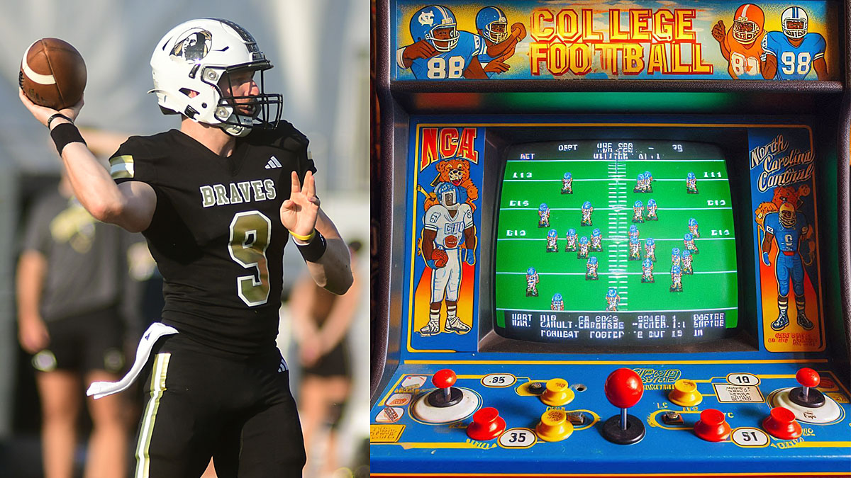 UNC Pembroke quarterback Colin Johnson pictured along with an AI generated image of a 1980s arcade-style college football video game.