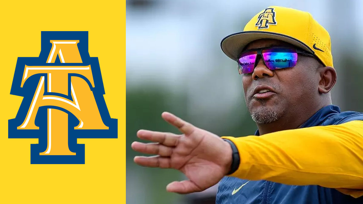 An photo of NC A&T football coach Shawn Gibbs positioned next to the Aggies logo.