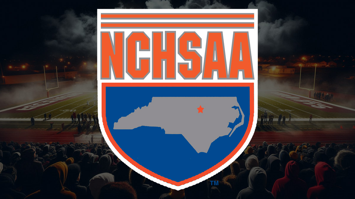 The logo of the North Carolina High School Athletic Association (NCHSAA) set against an AI image of a high school football stadium.