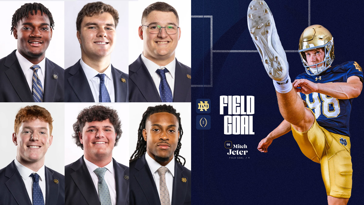 An composite image of seven Notre Dame football players with North Carolina hometowns.