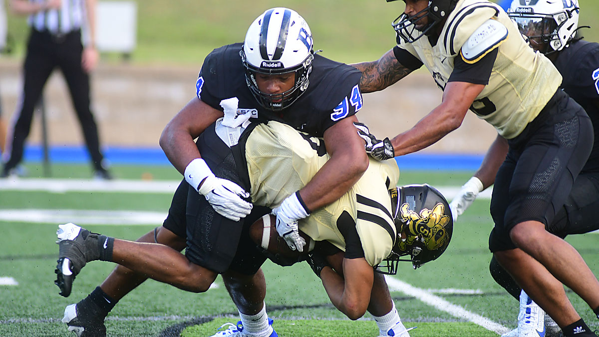 Barton football's Joshua Hightower makes a tackle against West Virginia State in 2024